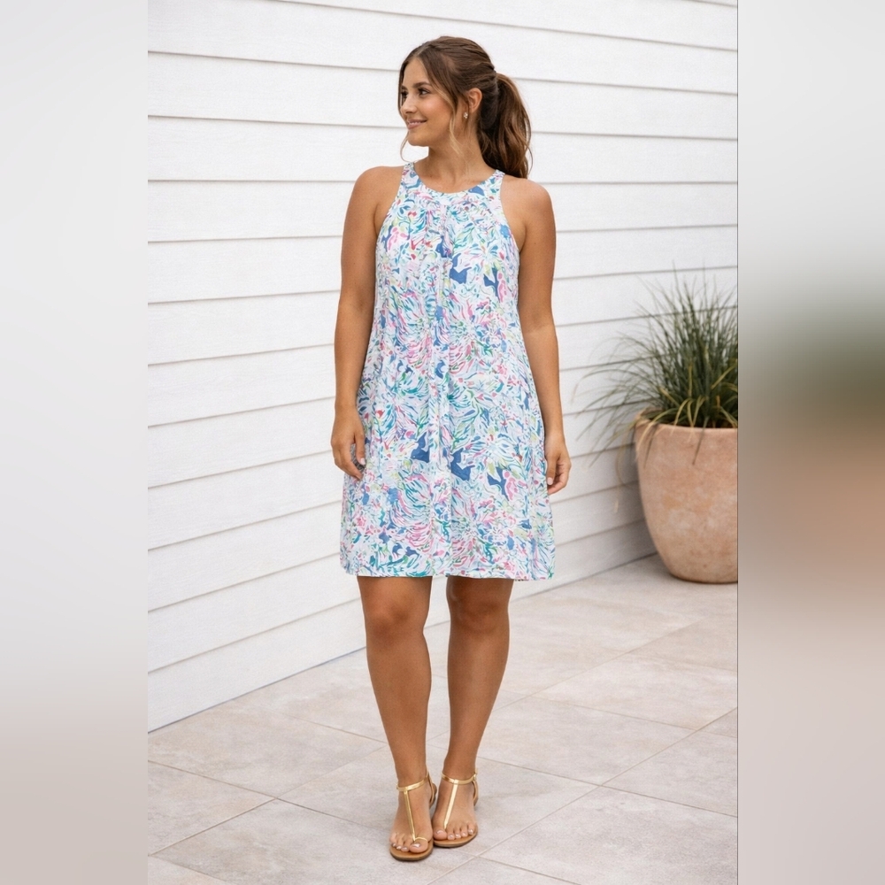 Anne Carson Blue & Pink Watercolor Floral Halter Tank Size Small